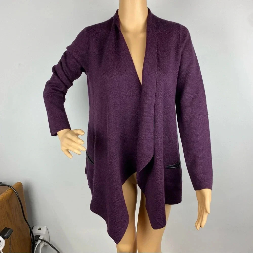 Eileen Fisher XS Open Front Cardigan Purple 100% Merino Wool Leather Trim Pocket
